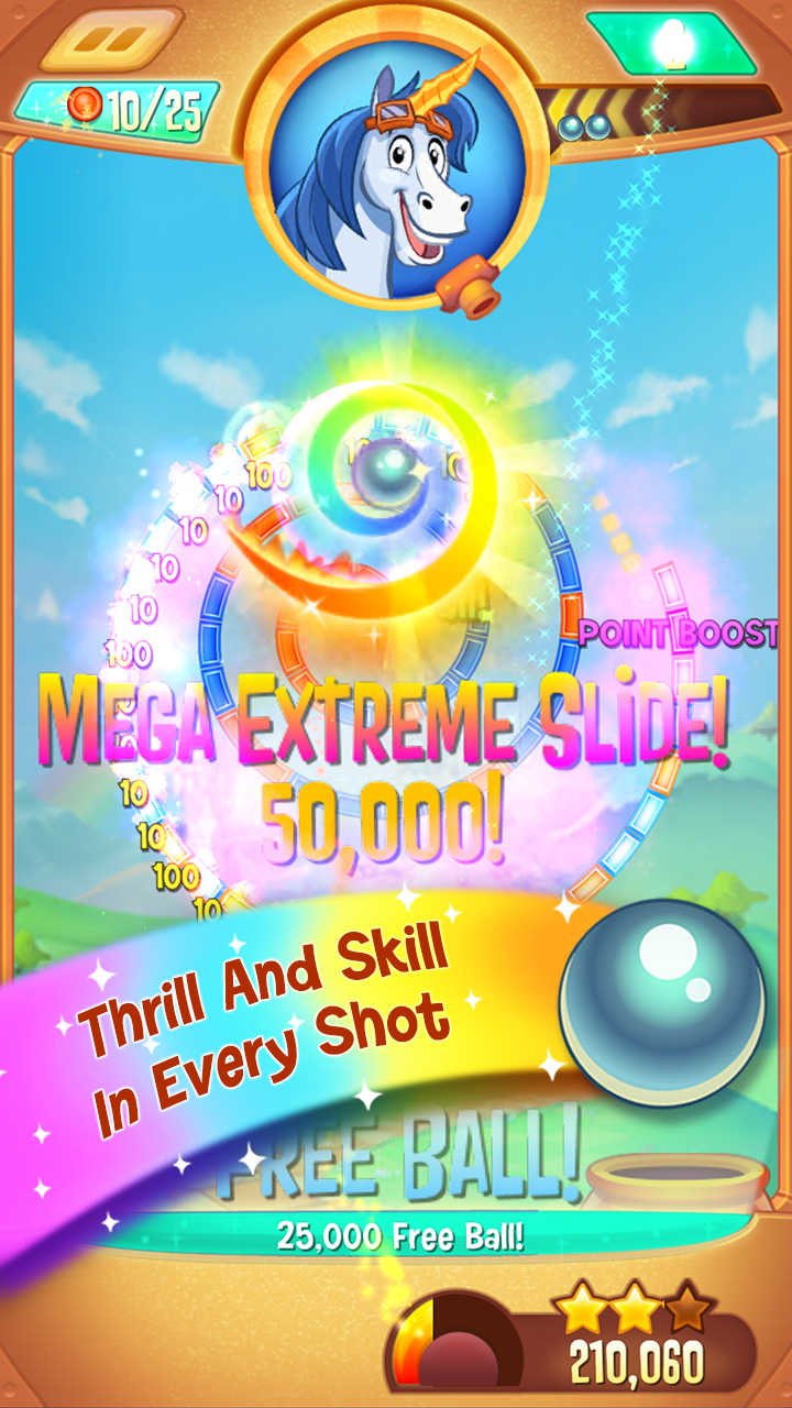 Official Peggle Blast screenshot with colorful pegs and aiming line